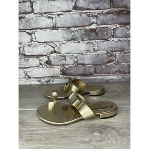 Salvatore Ferragamo Gold Leather Bow Slides Flat Sandals Women’s Sz 5.5M US/36EU